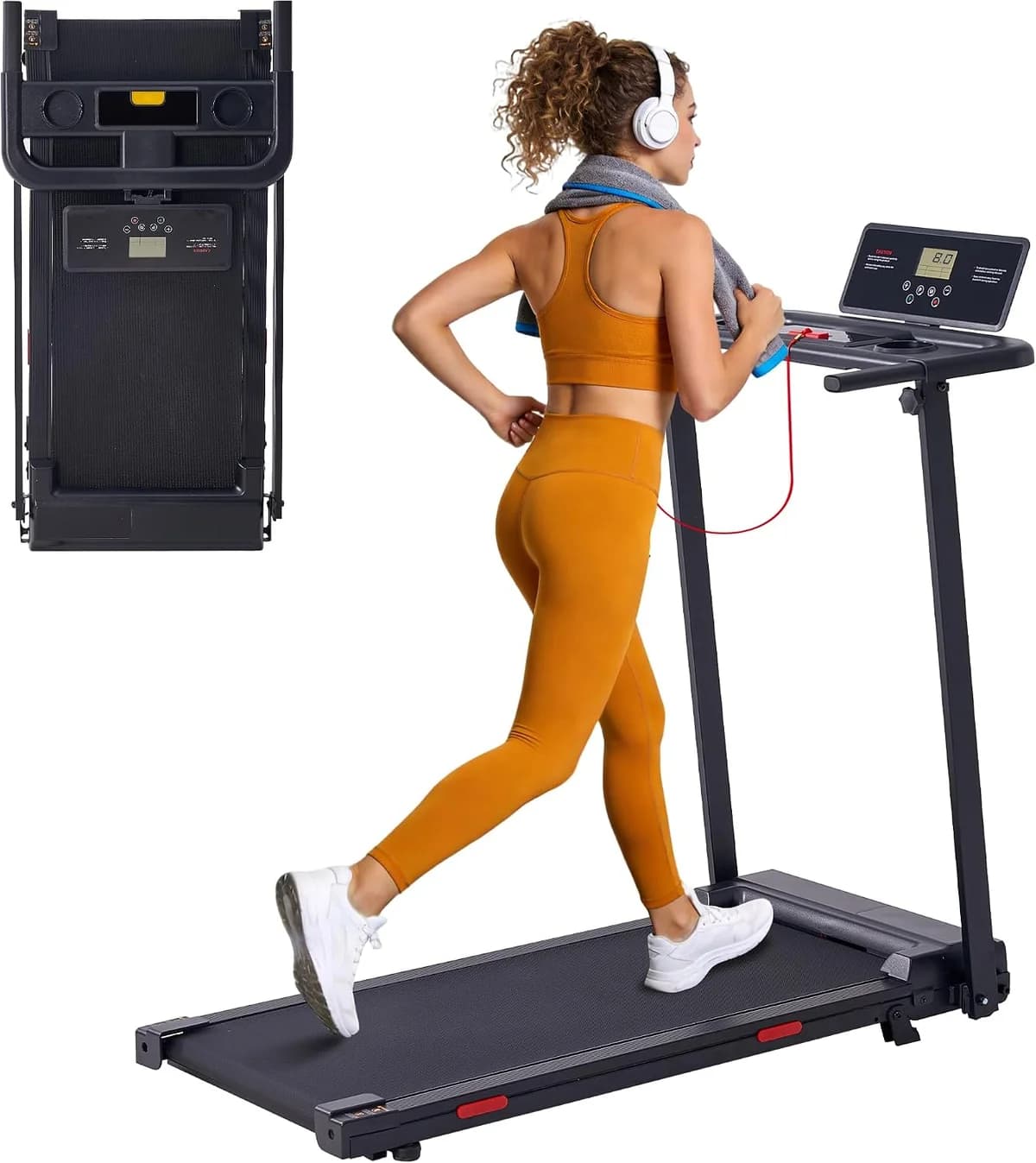 The Potupus T017 treadmill in use, with a second view showing the folded frame