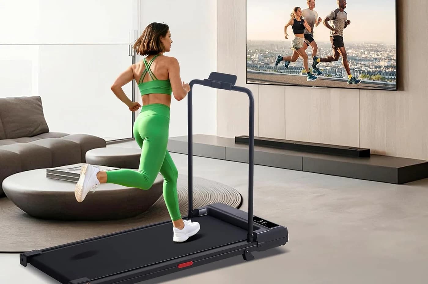 A T300 treadmill in a living room, shown during a home workout